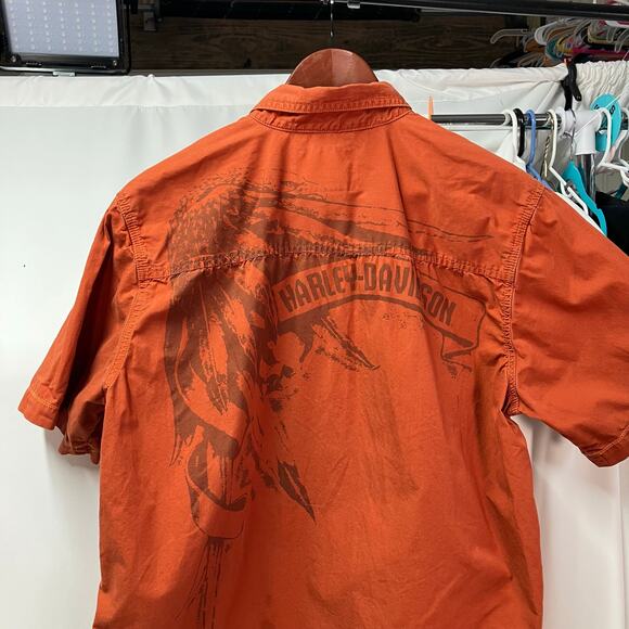 Harley Davidson Men's Holdout Shirt Large Orange Logo short sleeve button Up - Picture 13 of 15